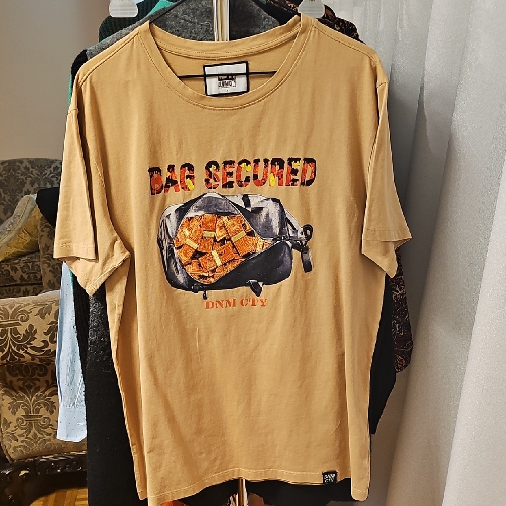 DENIMiCITY" Bad Secured" Tan Graphic Tee,Large
